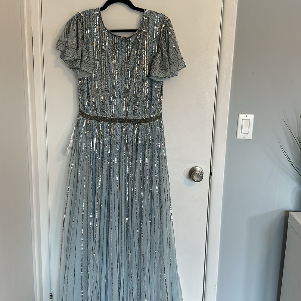 Adrianna Papell Ice Blue Silver Sequined Maxi Dress - Picture 11 of 12
